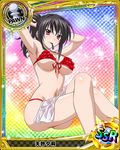  armpits arms_up bikini black_hair breasts card_(medium) character_name chess_piece crossed_legs frilled_bikini frills front-tie_top high_school_dxd large_breasts mouth_hold navel official_art pawn pink_eyes ponytail raynare red_bikini shiny shiny_skin solo strap_gap swimsuit towel trading_card 