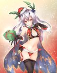  bikini black_gloves black_legwear breasts cape christmas clarisse_(granblue_fantasy) clarisse_(granblue_fantasy)_(cosplay) cleavage cosplay elbow_gloves frofrofrost gloves granblue_fantasy hair_ornament hat highres long_hair navel phantasy_star phantasy_star_online_2 red_eyes santa_hat silver_hair small_breasts solo swimsuit thighhighs 