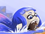  1girl blue_eyes blue_hair flying_sweatdrops holding holding_weapon inkling looking_at_another looking_down monster_boy monster_girl orange_hair somiad splatoon_(series) splatoon_1 stuck tentacle_hair vore weapon 