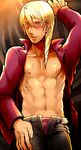  1boy blonde_hair blue_eyes blush character_request garyuu_kyouya gyakuten_saiban gyakuten_saiban_4 male_focus solo sweat tan undressing 