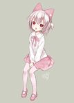  animal_ears bad_id bad_pixiv_id between_legs blush capriccio cat_ears cat_tail commentary_request full_body hands_together kaburi_chiko long_sleeves looking_at_viewer mary_janes open_mouth original pantyhose pink_legwear red_eyes shirt shoes short_hair short_twintails silver_hair simple_background sitting skirt solo tail twintails v_arms 