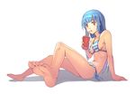  arm_support barefoot bikini blue_hair drinking_straw feet full_body huazang legs long_hair navel original red_eyes shadow simple_background sitting soles solo striped striped_bikini swimsuit toes white_background 