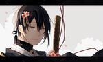  black_hair cherry_blossoms closed_eyes flower hair_flower hair_ornament japanese_clothes katana letterboxed male_focus mikazuki_munechika petals smile solo sword touken_ranbu upper_body weapon yori_(y_rsy) 