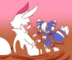  anthro blue_eyes blush candy chocolate claws duo food japanese_meowstic mammal meowstic nintendo pok&eacute;mon red_eyes simple_background sucking tagme video_games zangoose 