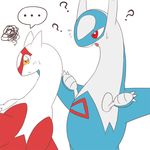  ... 3_fingers ? ambiguous_gender blue_feathers dragon duo eruku feathers feral latias latios legendary_pok&eacute;mon nintendo open_mouth pok&eacute;mon red_eyes red_feathers simple_background sweat tongue video_games white_background white_feathers yellow_eyes 