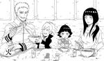  2girls bandaged_hands bandages bowl chopsticks closed_eyes cup eating facial_mark family food greyscale grin highres holding holding_bowl hyuuga_hinata isogazuni_demonamakezuni monochrome multiple_boys multiple_girls naruto naruto_(series) noodles ponytail ramen smile uzumaki_boruto uzumaki_himawari uzumaki_naruto whisker_markings 