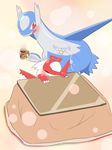  3_fingers ambiguous_gender beverage blue_feathers blush coffee cup cute dedenne dragon duo eruku eyes_closed feathers feral food latias latios legendary_pok&eacute;mon nintendo open_mouth pikachu pok&eacute;mon red_eyes red_feathers sleeping video_games white_feathers 