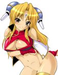  blonde_hair blush breast_hold breasts bridal_gauntlets broccoli china_dress chinese_clothes cleavage_cutout dress dress_lift facial_mark forehead_mark galaxy_angel large_breasts long_hair looking_at_viewer midriff nipple_slip nipples no_bra no_panties ranpha_franboise simple_background sleeveless solo third-party_edit yellow_eyes 