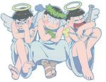  angel angel_wings barefoot baseball_bat black_hair brothers crossed_legs halo laurel_crown male_focus matsuno_choromatsu matsuno_juushimatsu matsuno_karamatsu multiple_boys osomatsu-kun osomatsu-san outsuki sandals siblings simple_background sitting wand white_background wings wrist_cuffs 