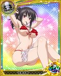  bikini black_hair breasts card_(medium) character_name chess_piece crossed_legs high_school_dxd large_breasts mouth_hold navel official_art pawn pink_eyes ponytail raynare red_bikini solo swimsuit torn_clothes towel trading_card 