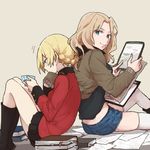  back-to-back blonde_hair bomber_jacket book bookmark butt_crack cup darjeeling girls_und_panzer jacket kay_(girls_und_panzer) kneehighs looking_back midriff military military_uniform multiple_girls pages ree_(re-19) skindentation skirt smile st._gloriana's_military_uniform tablet_pc teacup thighhighs thighs uniform 