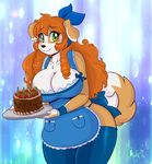  2015 anthro apron big_breasts blush breasts brown_fur cake candle canine cleavage clothed clothing dog female food fur green_eyes hair hi_res holding_object kibbles legwear long_hair looking_at_viewer mammal multicolored_fur orange_hair phsuke smile solo thigh_highs two_tone_fur uberquest white_fur 