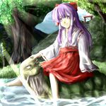  ao-shiba bow genjii hair_bow hair_tubes hakurei_reimu hakurei_reimu_(pc-98) japanese_clothes miko purple_eyes purple_hair sitting soaking_feet torii touhou touhou_(pc-98) 