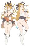  ass blush breasts draph glasses gloves granblue_fantasy highres horns large_breasts long_hair looking_at_viewer lying magnifying_glass nipples on_back open_clothes pointy_ears ponytail sarya_(granblue_fantasy) smile socks solo white_gloves xxzero 