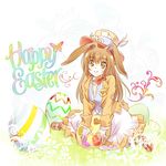  animal_ears brown_eyes brown_hair bug bunny_ears bunny_tail butterfly easter easter_egg egg english happy_easter hat highres iesupa insect long_hair rwby skirt smile solo tail velvet_scarlatina 