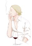  alcohol blonde_hair cigarette closed_eyes collared_shirt cup drinking_glass folded_ponytail jojo_no_kimyou_na_bouken male_focus md5_mismatch prosciutto shadow shirt smoke smoking solo tsumita upper_body wine wine_glass 