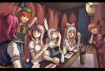  absurdres animal_ears bow braid bunny_ears chopsticks closed_eyes counter curtains dress drinking fujiwara_no_mokou green_dress hair_bow hat head_rest highres hong_meiling jiliang_ji_ying konpaku_youmu lantern letterboxed military_hat multiple_girls mystia_lorelei okamisty onozuka_komachi pink_hair pointy_ears red_hair reisen_udongein_inaba smile suspenders touhou twin_braids 