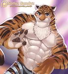  2016 4_fingers abs animated anthro black_stripes blue_eyes chest_tuft claws clothed clothing dancing disney feline fur grin looking_at_viewer male mammal multicolored_fur muscular muscular_male navel one_eye_closed orange_fur pawpads pecs shorts sollyz solo stripes stripper_tiger_(zootopia) tiger topless tuft white_fur wink zootopia 