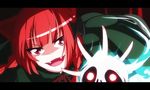  animal_ears bangs black_ribbon blunt_bangs bow bowtie braid cat_ears dress eyebrows eyebrows_visible_through_hair fangs ghost green_dress hair_bow hair_ornament kaenbyou_rin looking_at_viewer nya_rl open_mouth red_bow red_eyes red_hair red_neckwear ribbon skull touhou twin_braids 