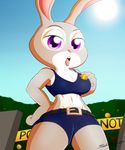  anthro badge breasts cleavage clothed clothing disney female judy_hopps lagomorph long_ears mammal pose purple_eyes rabbit skimpy slickehedge solo tight_clothing tongue tongue_put zootopia 