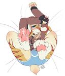  4_toes 5_fingers blue_eyes blush bulge claws clothed clothing controller cum cum_on_feet feline fur game_controller girly looking_at_viewer lying male mammal orange_fur pawpads paws pink_pawpads simple_background solo tiger toes wataameron white_fur 
