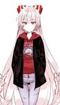  alternate_costume bow clothes_writing college_shirt commentary_request contemporary cowboy_shot denim fujiwara_no_mokou hair_bow hair_ribbon hands_in_pockets highres hood hoodie jacket jeans long_hair looking_at_viewer pants red_eyes ribbon silver_hair six_(fnrptal1010) solo thigh_gap touhou very_long_hair white_background 