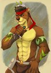  abstract_background absurd_res anthro bulge dagger feathers hi_res invalid_tag jamzenn mammal melee_weapon muscular mustelid otter pinup portrait pose simple_background solo three-quarter_portrait tribal weapon zake 