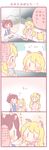  4koma animal_ears blonde_hair blue_eyes blush bow bowtie comic dog_ears dress eating food food_themed_hair_ornament fork fork_in_mouth hair_bow hair_ornament long_hair multiple_girls original patting plate saku_usako_(rabbit) sitting smile strawberry_hair_ornament table translation_request two_side_up |_| 