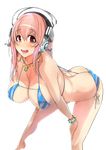  1girl ass bare_shoulders barefoot bent_over between_buttocks bikini blush bracelet breasts butt_crack cleavage hanging_breasts headphones highres jewelry large_breasts long_hair navel necklace nitroplus niu_ju_(orange_bull) open_mouth otzer pink_hair red_eyes shiny shiny_skin side-tie_bikini skindentation smile solo super_sonico swimsuit 