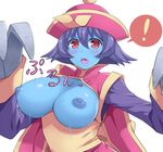  1girl :o blue_skin blush bouncing_breasts breasts breasts_outside chinese_clothes claws dark_nipples fang hasu_(hk_works) hat jiangshi large_breasts lei_lei nipples ofuda purple_hair red_eyes shiny shiny_hair short_hair solo spoken_exclamation_mark sweatdrop vampire_(game) 