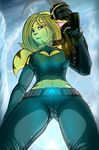  angela_cross blue_eyes female fur hair lombax looking_at_viewer luraiokun mammal midriff ratchet_and_clank video_games weapon worm_eye_view yellow_fur zachseligson 