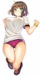  ass_visible_through_thighs bangs blush breasts brown_footwear brown_hair buruma cameltoe full_body green_eyes jpeg_artifacts large_breasts looking_at_viewer mokyu shirt shoes short_hair short_sleeves simple_background solo sweat thigh_gap white_background white_shirt wrist_cuffs 