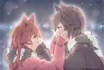  1girl absurdres animal_ears artist_name bad_id bad_pixiv_id brown_eyes brown_hair cat_ears coat eye_contact from_side fur_trim grey_eyes grey_hair hands_on_another's_face highres lm_(linmiu39) long_hair looking_at_another original profile scarf short_hair signature sleeves_past_wrists upper_body 