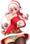  1girl :o bare_shoulders bell belt black_legwear blush bow bow_panties bra breasts bursting_breasts cameltoe christmas cleavage fur_trim gift gloves green_bra green_panties hat headphones large_breasts lingerie merry_christmas nitroplus open_clothes open_mouth panties pink_eyes pink_hair popped_button red_gloves sack santa_costume santa_hat solo straining_buttons super_sonico thighhighs tsuji_santa underwear 