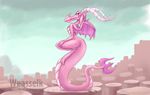  2016 ballista_(mlp) dragon female long_horns long_tail looking_back my_little_pony pink_skin rear_view scales scalie solo weasselk wings 