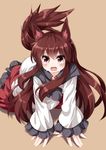  all_fours animal_ears brooch brown_background brown_eyes brown_hair crying dress highres imaizumi_kagerou jewelry long_hair long_sleeves ruu_(tksymkw) simple_background solo tail touhou werewolf wide_sleeves wolf_ears wolf_tail 