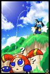  2008 ? anthro black_fur blue_eyes censored clothed clothing cloud detailed_background duo fur grin hat klonoa klonoa_(series) long_ears male mammal moo naughty_face outside pants_down partially_clothed peeing sky twotails urine watersports white_fur 