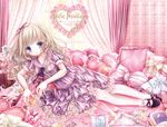  blonde_hair blue_eyes blush candy chocolate drink loli lolita_fashion long_hair original ribbons stockings tagme_(artist) 