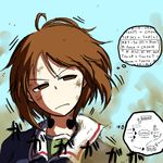  blue_jacket brown_eyes brown_hair comic dust_cloud english equation girls_und_panzer jacket long_sleeves military military_uniform nishizumi_miho noumen ooarai_military_uniform short_hair solo thought_bubble throat_microphone uniform 