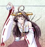  ahoge arm_up brown_hair c: closed_eyes commentary_request cracked_wall cup decantering detached_sleeves double_bun hairband highres holding kabe_ni_hamatte_ugokenai! kantai_collection kongou_(kantai_collection) long_hair looking_at_viewer nontraditional_miko parody pouring smile smug solo sparkle stuck teacup teapot through_wall tk8d32 