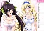  absurdres bare_shoulders bikini black_hair blonde_hair blue_eyes blush breasts calendar cleavage drill_hair hair_ribbon highres infinite_stratos large_breasts leaning_forward long_hair looking_at_viewer multiple_girls official_art open_mouth ponytail ribbon school_swimsuit standing swimsuits yuuki_homura 