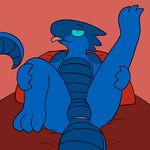 2015 aliasing animal_genitalia anthro blue-eyes cloaca female flat_chested kobold lolori looking_at_viewer nude reptile scalie simple_background smile solo tongue trout_(artist) 