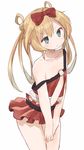  :&lt; abukuma_(kantai_collection) alternate_costume bare_shoulders blonde_hair blue_eyes bow camisole closed_mouth collarbone double_bun hair_bow hair_rings highres kantai_collection long_hair murakami_meishi o-ring o-ring_top skirt solo strap_slip sweatdrop tsurime twintails v-shaped_eyebrows v_arms white_background 