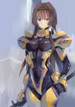  bad_id bad_pixiv_id bodysuit breasts brown_hair covered_navel frown hair_ribbon hand_on_hip holding holding_weapon katana long_hair medium_breasts muvluv muvluv_alternative muvluv_total_eclipse pilot_suit purple_eyes ribbon shiny shiny_clothes skin_tight solo standing sword takamura_yui traditional_media very_long_hair watercolor_(medium) weapon yostxxx 