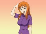  :d ^_^ artist_request bleach closed_eyes gradient gradient_background inoue_orihime long_hair open_mouth orange_background orange_hair purple_shirt scratching_head shirt short_sleeves simple_background smile solo upper_body wallpaper 