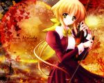  autumn blonde_hair carnelian copyright_request instrument leaf long_hair long_sleeves solo violin wallpaper 