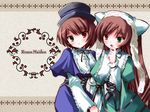  :d artist_request beige_background blue_dress brown_hair copyright_name cross-laced_clothes dress finger_to_mouth frills green_eyes hat head_scarf head_tilt heterochromia long_hair long_sleeves looking_at_viewer multiple_girls open_mouth red_eyes rozen_maiden short_hair siblings simple_background sisters smile souseiseki suiseiseki top_hat twins upper_body very_long_hair wallpaper 