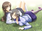  blue_eyes brown_eyes brown_hair formal grass highres hizuki_ayumi hizuki_shino kawagishi_keitarou kneehighs long_hair long_sleeves multiple_girls office_lady pantyhose pencil_skirt ringetsu school_uniform serafuku silver_hair skirt skirt_suit socks suit teacher wallpaper 