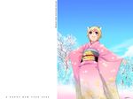  2006 animal_ears blonde_hair cat_ears highres japanese_clothes long_sleeves mignon new_year original solo wallpaper 