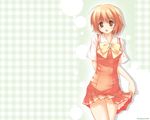  :d blonde_hair bow bowtie brown_eyes checkered checkered_background dress dress_lift green_background kashimashi luna_lia open_mouth osaragi_hazumu red_dress short_hair short_sleeves simple_background smile solo standing wallpaper 